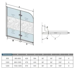 Pare baignoire Chrome au angle arrondis pivotant 180 degrés L90xH140cm,6mm verre anticalcaire avec bande central dépoli