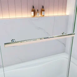 Pare baignoire Chrome au angle arrondis pivotant 180 degrés,L120xH140cm, 6mm verre anticalcaire avec porte serviette