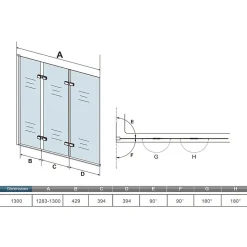Pare baignoire Chrome pivotant 180degrés à 3 volets L130xH140cm, 6mm verre anticalcaire et pose réversible ,style industriel