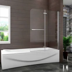Pare baignoire L.120 x H.140cm pivotant à 180 avec 2 étagères et porte-serviette - 6mm verre sécurit -Installation réversible