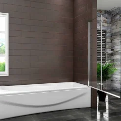 Pare baignoire L.120 x H.140cm pivotant à 180 avec 2 étagères et porte-serviette - 6mm verre sécurit -Installation réversible