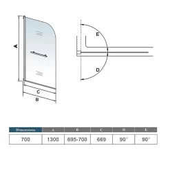 Pare baignoire L.70 x H.130cm pivotant à 180 avec 2 étagères et porte-serviette - 5mm verre sécurit - Installation réversible
