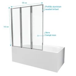Pare baignoire Pivotant 3 Volets Chrome - 125x143 cm - Verre Trempé 4 mm - ZAGGY CHROME