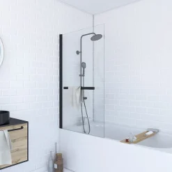Pare baignoire Pivotant avec Porte-Serviette 85x150cm - Profilé Noir - Verre 6mm - TSHAPE DARK