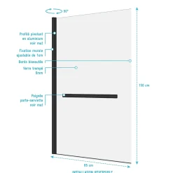 Pare baignoire Pivotant avec Porte-Serviette 85x150cm - Profilé Noir - Verre 6mm - TSHAPE DARK
