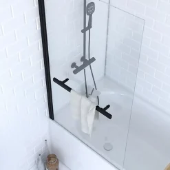 Pare baignoire Pivotant avec Porte-Serviette 85x150cm - Profilé Noir - Verre 6mm - TSHAPE DARK