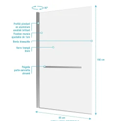 Pare baignoire Pivotant avec Porte-Serviette 85x150cm - Profilé Chrome - Verre 6mm - TSHAPE CHROMED