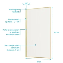 Pare baignoire pivotant l.80 x H.140 cm verre ondulé et profilés doré brossé, Galedo Edge
