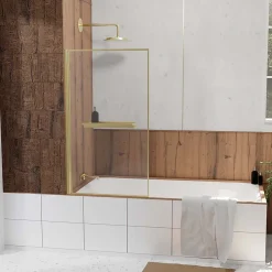 Pare baignoire pivotant l.80 x H.140 cm profilés doré brossé avec porte serviette et étagère, Galedo Edge