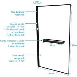 Pare baignoire pivotant l.80 x H.140 cm profilés noirs avec porte serviette et étagère, Galedo Edge