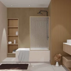 Pare baignoire pivotant 140x80 cm HINATA - style Japandi courbes douces Cadre effet bois - Verre 5mm