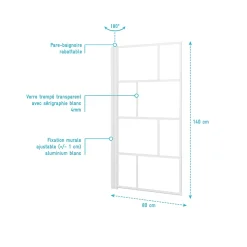 Pare Baignoire Rabattable 80x140cm - Sérigraphie Briques Blanches - Verre Trempé 4mm