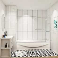 pare baignoire 120x140cm paravent pivotant avec porte-serviette en inox et 2 étagères,5mm verre de sécurit,facile à pose
