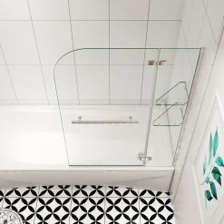 pare baignoire 100x140cm paravent pivotant avec porte-serviette en inox et 2 étagères,5mm verre de sécurit,facile à pose