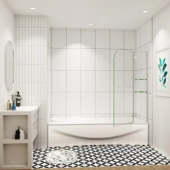 pare baignoire 100x140cm paravent pivotant avec porte-serviette en inox et 2 étagères,5mm verre de sécurit,facile à pose