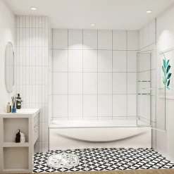 pare baignoire 90x140cm paravent pivotant avec porte-serviette en inox et 2 étagères,5mm verre de sécurit,facile à pose