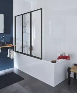 Pare-baignoire à coller pivotant 3 volets pliables, 127 x 140 cm, style verrière industrielle, verre transparent 3mm, profilé noir mat, Schulte Golf