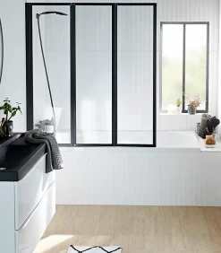 Pare-baignoire à coller pivotant 3 volets pliables, 127 x 140 cm, style verrière industrielle, verre transparent 3mm, profilé noir mat, Schulte Golf