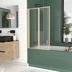 Pare-baignoire 2 volets pivotants 120 x 70 cm, profilés alu doré brossé, Galedo Duo