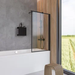 Pare-baignoire pivotant 1 volet, 140 x 80 cm, verre transparent anticalcaire 5 mm, profilé noir mat, Schulte