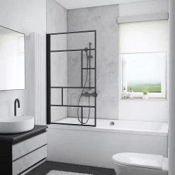 Pare-baignoire pivotant 1 volet, 80 x 140 cm, style verrière industrielle, verre transparent anticalcaire 5 mm, profilé noir mat, Schulte Atelier