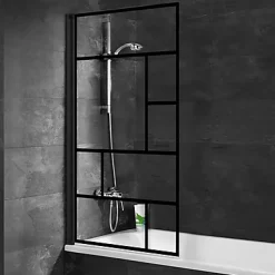 Pare-baignoire pivotant 1 volet, 80 x 140 cm, style verrière industrielle, verre transparent anticalcaire 5 mm, profilé noir mat, Schulte Atelier