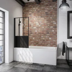 Pare-baignoire pivotant 1 volet, 80 x 140 cm, style verrière industrielle, verre transparent anticalcaire 5 mm, profilé noir mat, Schulte Loft