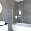 Pare-baignoire pivotant 150 x 85 cm, profilés alu doré brossé, porte-serviette, Galedo Prime