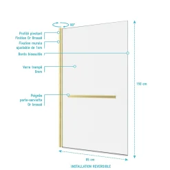 Pare-baignoire pivotant 150 x 85 cm, profilés alu doré brossé, porte-serviette, Galedo Prime