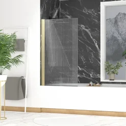 Pare-baignoire rabattable 140 x 80 cm, profilés alu doré, verre ondulé, Galedo Wave