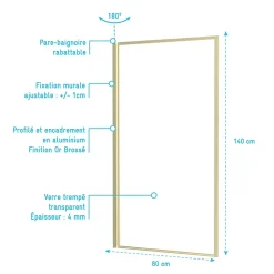 Pare-baignoire rabattable 140 x 80 cm, profilés alu doré brossé, Galedo Golden Edge