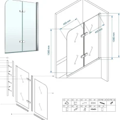 Pare-baignoire rabattable BALY en verre 6 mm transparent 100 x 140 cm