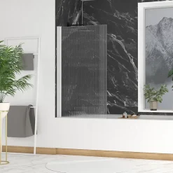 Pare-baignoire rabattable 140 x 80 cm, profilés alu blanc, verre ondulé, Galedo Wave