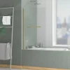 Pare-baignoire rabattable 120 x 70 cm, profilés alu doré brossé, porte-serviette, Galedo Essentiel