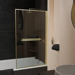 Pare-baignoire rabattable 130 x 75 cm, profilés alu doré brossé, porte-serviette/étagère, Galedo Golden Edge