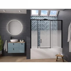 Pare-bain Kinedo Smart Design Pegasus coulissant pose entre 2 murs 170x148 gris noir grainé verre sérigraphié partie fixe à droite