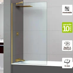 Paroi de baignoire fixe en verre sécurité transparent ép 6mm anti calcaire, L100 x H147 cm, or brossé, SUPERBAN Mont Blanc CC