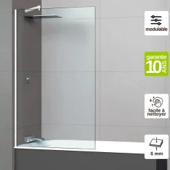 Paroi de baignoire fixe en verre sécurité transparent ép 6mm anti calcaire, L100 x H147 cm, blanc mat, SUPERBAN Mont Blanc CC
