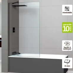 Paroi de baignoire fixe en verre sécurité transparent ép 8mm anti calcaire, L110 x H147 cm, noir mat, SUPERBAN Mont Blanc CC