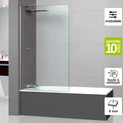 Paroi de baignoire fixe en verre sécurité transparent ép 8mm anti calcaire, L120 x H147 cm, chrome, SUPERBAN Mont Blanc CC