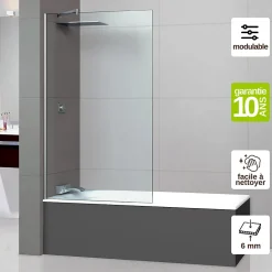 Paroi de baignoire fixe en verre sécurité transparent ép 6mm anti calcaire, L100 x H147 cm, chrome, SUPERBAN Mont Blanc CC