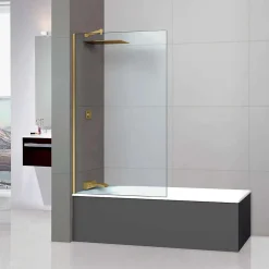 Paroi de baignoire fixe en verre sécurité transparent ép 8mm anti calcaire, L120 x H147 cm, or brossé, SUPERBAN Mont Blanc CC