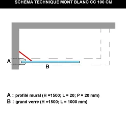 Paroi de baignoire fixe en verre sécurité transparent ép 8mm anti calcaire, L100 x H147 cm, noir mat, SUPERBAN Mont Blanc CC