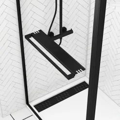 Paroi de douche à l'italienne fixe + volet pivotant 90+40 x 200 cm, noir mat, Galedo Dark Edge Shelf