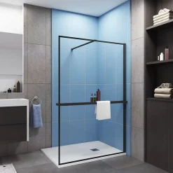 Paroi de douche à l'italienne noir 140x200cm - 8mm verre anticalcaire + Étagère de Douche 140cm + barre de fixation 140cm