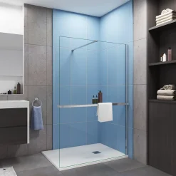 Paroi de douche à l'italienne Chrome 140x200cm - 8mm verre anticalcaire + Barre de fixation 90cm + Étagère de Douche 140cm alu