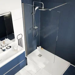 Paroi de douche à l'italienne fixe l.70 x H.195 cm, verre transparent, profilés alu chrome, GoodHome Ledava