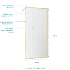 Paroi de douche à l'italienne l.90 x H.200 cm verre ondulé et profilés doré brossé, Galedo Golden Edge