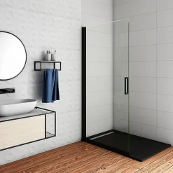 Paroi de douche à l'italienne pivotante 86x200cm - 8mm verre anticalcaire - profilé noir mat -Installer réversible