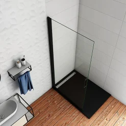 Paroi de douche à l'italienne pivotante 86x200cm - 8mm verre anticalcaire - profilé noir mat -Installer réversible